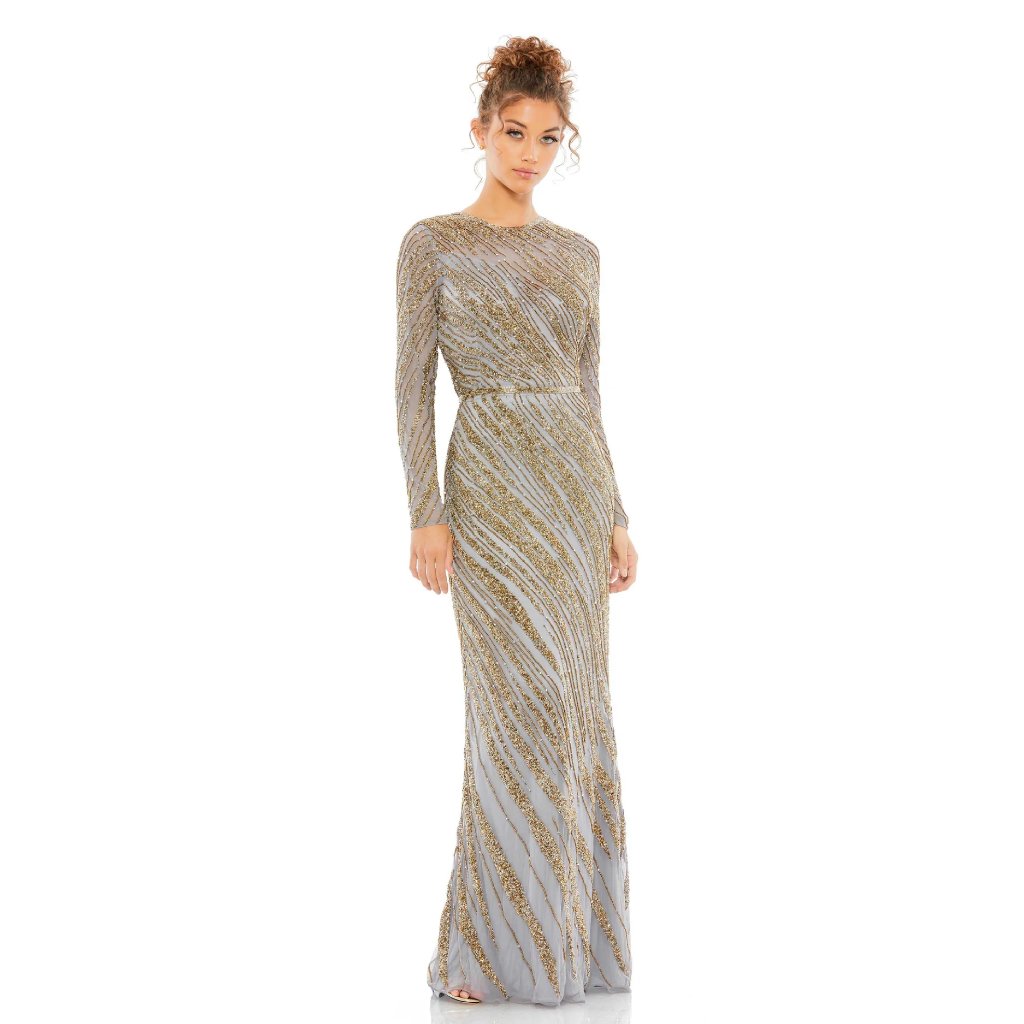 Mac Duggal Long Sleeve Beaded Column Gown In Platinum Size 4